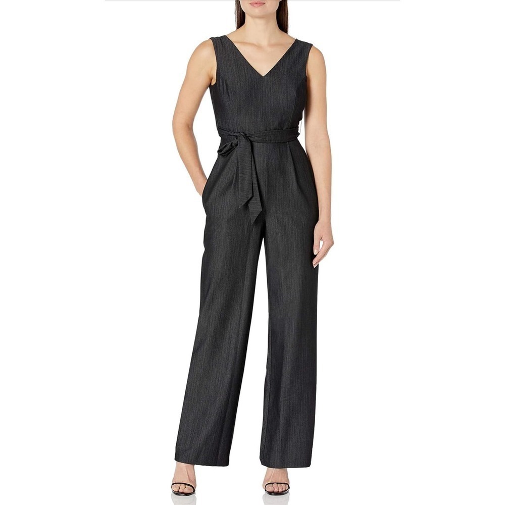 Calvin Klein Womens Sleeveless V Neck Jumpsuit With Self Sash Waist
